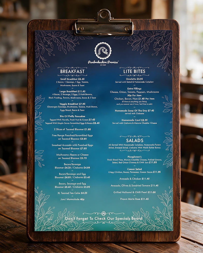 Pembs Promise Table Menus